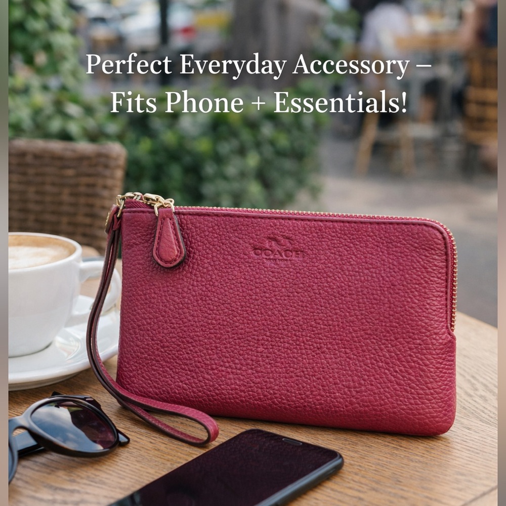Coach Burgundy Pebbled Leather 2 Compartments, Corner Zip Wristlet/Wallet